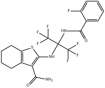 2-{[2,2,2-trifluoro-1-[(2-fluorobenzoyl)amino]-1-(trifluoromethyl)ethyl]amino}-4,5,6,7-tetrahydro-1-benzothiophene-3-carboxamide Struktur