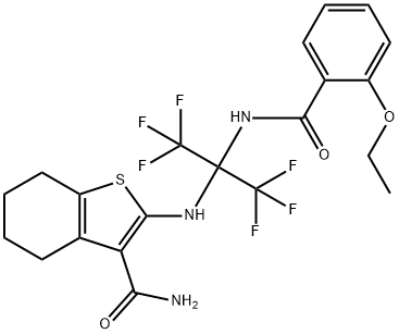 2-{[1-[(2-ethoxybenzoyl)amino]-2,2,2-trifluoro-1-(trifluoromethyl)ethyl]amino}-4,5,6,7-tetrahydro-1-benzothiophene-3-carboxamide Struktur