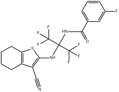 N-[1-[(3-cyano-4,5,6,7-tetrahydro-1-benzothien-2-yl)amino]-2,2,2-trifluoro-1-(trifluoromethyl)ethyl]-3-fluorobenzamide Struktur