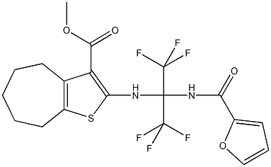 methyl 2-{[2,2,2-trifluoro-1-(2-furoylamino)-1-(trifluoromethyl)ethyl]amino}-5,6,7,8-tetrahydro-4H-cyclohepta[b]thiophene-3-carboxylate Struktur