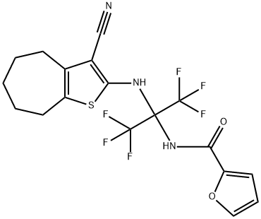 N-[1-[(3-cyano-5,6,7,8-tetrahydro-4H-cyclohepta[b]thien-2-yl)amino]-2,2,2-trifluoro-1-(trifluoromethyl)ethyl]-2-furamide Struktur