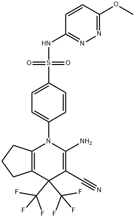 4-[2-amino-3-cyano-4,4-bis(trifluoromethyl)-4,5,6,7-tetrahydro-1H-cyclopenta[b]pyridin-1-yl]-N-(6-methoxy-3-pyridazinyl)benzenesulfonamide Struktur