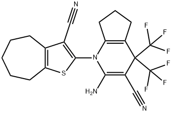 2-amino-1-(3-cyano-5,6,7,8-tetrahydro-4H-cyclohepta[b]thien-2-yl)-4,4-bis(trifluoromethyl)-4,5,6,7-tetrahydro-1H-cyclopenta[b]pyridine-3-carbonitrile Struktur