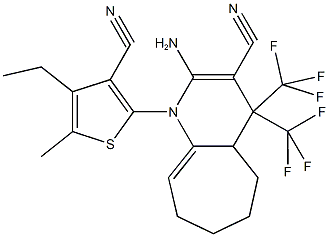 2-amino-1-(3-cyano-4-ethyl-5-methyl-2-thienyl)-4,4-bis(trifluoromethyl)-4,4a,5,6,7,8-hexahydro-1H-cyclohepta[b]pyridine-3-carbonitrile Struktur