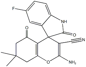 2-amino-3-cyano-7,7-dimethyl-2',5-dioxo-5'-fluoro-1',3',5,6,7,8-hexahydrospiro[4H-chromene-4,3'-(2'H)-indole] Struktur