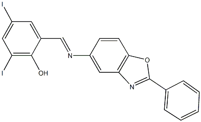 2,4-diiodo-6-{[(2-phenyl-1,3-benzoxazol-5-yl)imino]methyl}phenol Struktur