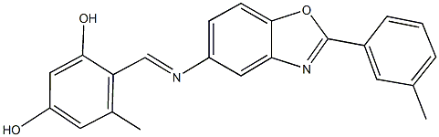 5-methyl-4-({[2-(3-methylphenyl)-1,3-benzoxazol-5-yl]imino}methyl)-1,3-benzenediol Struktur