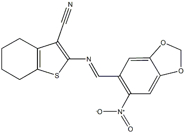 2-[({6-nitro-1,3-benzodioxol-5-yl}methylene)amino]-4,5,6,7-tetrahydro-1-benzothiophene-3-carbonitrile Struktur