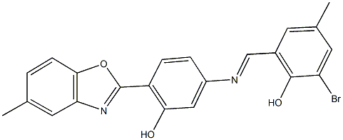 2-bromo-6-({[3-hydroxy-4-(5-methyl-1,3-benzoxazol-2-yl)phenyl]imino}methyl)-4-methylphenol Struktur