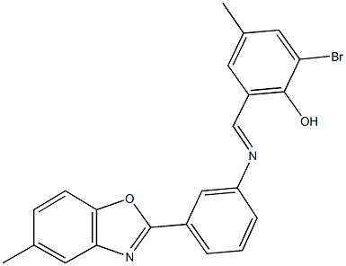 2-bromo-4-methyl-6-({[3-(5-methyl-1,3-benzoxazol-2-yl)phenyl]imino}methyl)phenol Struktur