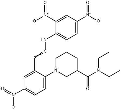 1-{2-(2-{2,4-bisnitrophenyl}carbohydrazonoyl)-4-nitrophenyl}-N,N-diethyl-3-piperidinecarboxamide Struktur