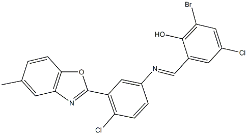 2-bromo-4-chloro-6-({[4-chloro-3-(5-methyl-1,3-benzoxazol-2-yl)phenyl]imino}methyl)phenol Struktur