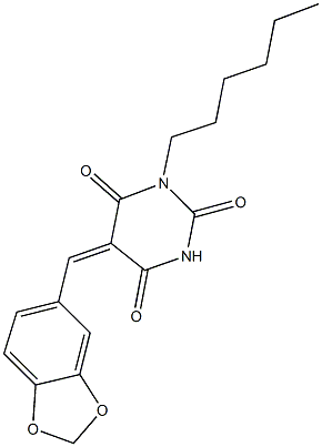 5-(1,3-benzodioxol-5-ylmethylene)-1-hexyl-2,4,6(1H,3H,5H)-pyrimidinetrione Struktur