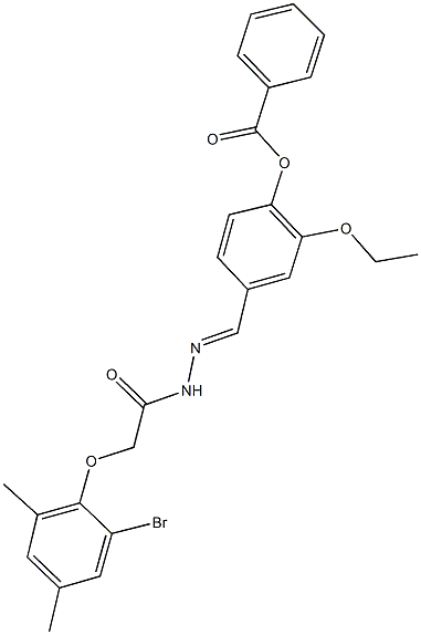 4-{2-[(2-bromo-4,6-dimethylphenoxy)acetyl]carbohydrazonoyl}-2-ethoxyphenyl benzoate Struktur