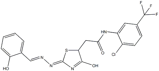 N-[2-chloro-5-(trifluoromethyl)phenyl]-2-{4-hydroxy-2-[(2-hydroxybenzylidene)hydrazono]-2,5-dihydro-1,3-thiazol-5-yl}acetamide Struktur