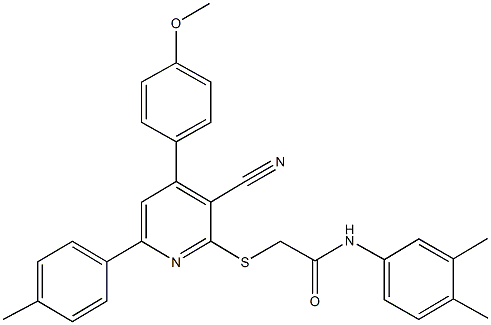 2-{[3-cyano-4-(4-methoxyphenyl)-6-(4-methylphenyl)-2-pyridinyl]sulfanyl}-N-(3,4-dimethylphenyl)acetamide Struktur