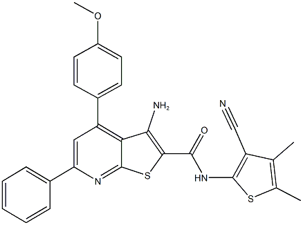 3-amino-N-(3-cyano-4,5-dimethyl-2-thienyl)-4-(4-methoxyphenyl)-6-phenylthieno[2,3-b]pyridine-2-carboxamide Struktur