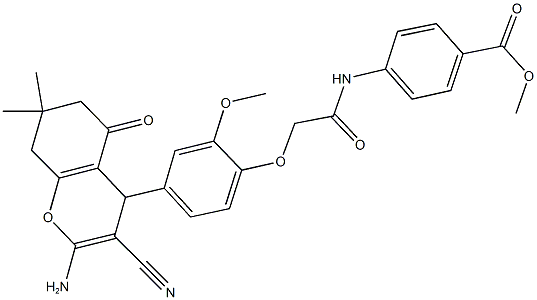 methyl 4-({[4-(2-amino-3-cyano-7,7-dimethyl-5-oxo-5,6,7,8-tetrahydro-4H-chromen-4-yl)-2-methoxyphenoxy]acetyl}amino)benzoate Struktur