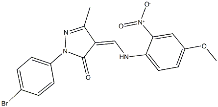 2-(4-bromophenyl)-4-({2-nitro-4-methoxyanilino}methylene)-5-methyl-2,4-dihydro-3H-pyrazol-3-one Struktur