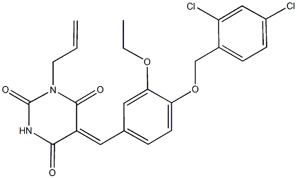 1-allyl-5-{4-[(2,4-dichlorobenzyl)oxy]-3-ethoxybenzylidene}-2,4,6(1H,3H,5H)-pyrimidinetrione Struktur