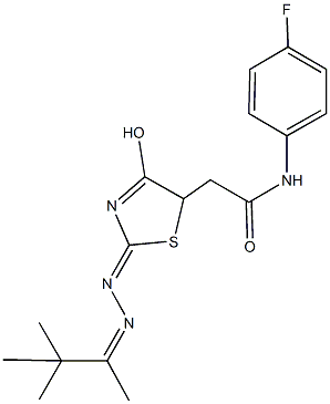 N-(4-fluorophenyl)-2-{4-hydroxy-2-[(1,2,2-trimethylpropylidene)hydrazono]-2,5-dihydro-1,3-thiazol-5-yl}acetamide Struktur