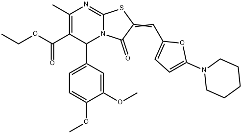 ethyl 5-(3,4-dimethoxyphenyl)-7-methyl-3-oxo-2-{[5-(1-piperidinyl)-2-furyl]methylene}-2,3-dihydro-5H-[1,3]thiazolo[3,2-a]pyrimidine-6-carboxylate Struktur