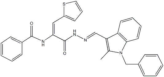 N-[1-({2-[(1-benzyl-2-methyl-1H-indol-3-yl)methylene]hydrazino}carbonyl)-2-(2-thienyl)vinyl]benzamide Struktur