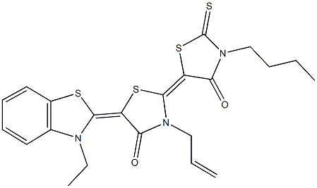 3-allyl-3'-butyl-5-(3-ethyl-1,3-benzothiazol-2(3H)-ylidene)-2'-thioxo-2,5'-bis[1,3-thiazolidin-2-ylidene]-4,4'-dione Struktur