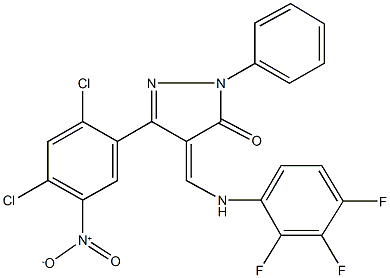 5-{2,4-dichloro-5-nitrophenyl}-2-phenyl-4-[(2,3,4-trifluoroanilino)methylene]-2,4-dihydro-3H-pyrazol-3-one Struktur