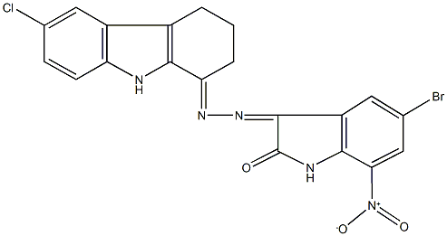 5-bromo-7-nitro-1H-indole-2,3-dione 3-[(6-chloro-2,3,4,9-tetrahydro-1H-carbazol-1-ylidene)hydrazone] Struktur