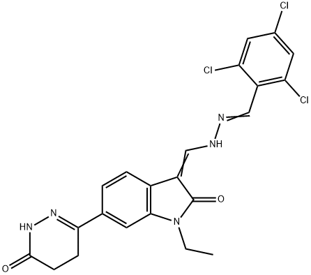 2,4,6-trichlorobenzaldehyde {[1-ethyl-2-oxo-6-(6-oxo-1,4,5,6-tetrahydro-3-pyridazinyl)-1,2-dihydro-3H-indol-3-ylidene]methyl}hydrazone Struktur