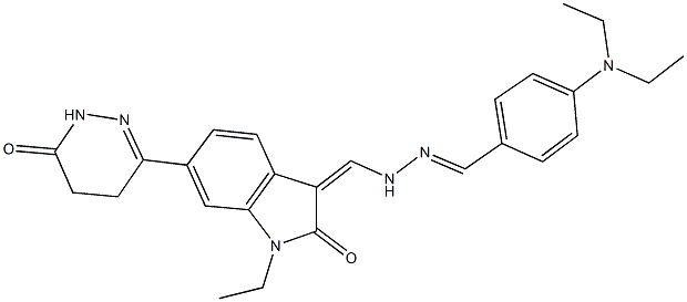 4-(diethylamino)benzaldehyde {[1-ethyl-2-oxo-6-(6-oxo-1,4,5,6-tetrahydro-3-pyridazinyl)-1,2-dihydro-3H-indol-3-ylidene]methyl}hydrazone Struktur