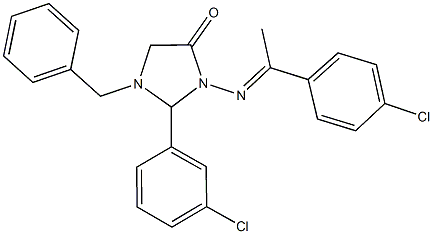 1-benzyl-2-(3-chlorophenyl)-3-{[1-(4-chlorophenyl)ethylidene]amino}-4-imidazolidinone Struktur