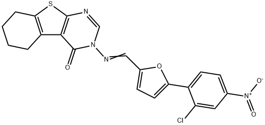 3-{[(5-{2-chloro-4-nitrophenyl}-2-furyl)methylene]amino}-5,6,7,8-tetrahydro[1]benzothieno[2,3-d]pyrimidin-4(3H)-one Struktur