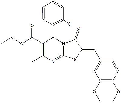 ethyl 5-(2-chlorophenyl)-2-(2,3-dihydro-1,4-benzodioxin-6-ylmethylene)-7-methyl-3-oxo-2,3-dihydro-5H-[1,3]thiazolo[3,2-a]pyrimidine-6-carboxylate Struktur