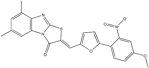 2-[(5-{2-nitro-4-methoxyphenyl}-2-furyl)methylene]-6,8-dimethyl[1,3]thiazolo[3,2-a]benzimidazol-3(2H)-one Struktur