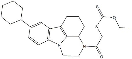 S-[2-(8-cyclohexyl-1,2,3a,4,5,6-hexahydro-3H-pyrazino[3,2,1-jk]carbazol-3-yl)-2-oxoethyl] O-ethyl dithiocarbonate Struktur