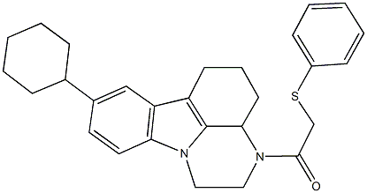 8-cyclohexyl-3-[(phenylsulfanyl)acetyl]-2,3,3a,4,5,6-hexahydro-1H-pyrazino[3,2,1-jk]carbazole Struktur