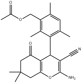 3-(2-amino-3-cyano-7,7-dimethyl-5-oxo-5,6,7,8-tetrahydro-4H-chromen-4-yl)-2,4,6-trimethylbenzyl acetate Struktur