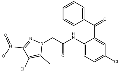 2-{4-chloro-3-nitro-5-methyl-1H-pyrazol-1-yl}-N-[4-chloro-2-(phenylcarbonyl)phenyl]acetamide Struktur