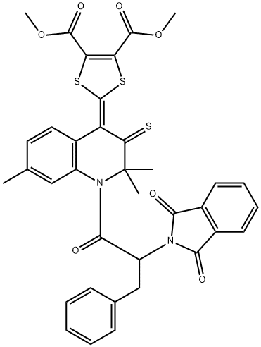 dimethyl 2-(1-[2-(1,3-dioxo-1,3-dihydro-2H-isoindol-2-yl)-3-phenylpropanoyl]-2,2,7-trimethyl-3-thioxo-2,3-dihydro-4(1H)-quinolinylidene)-1,3-dithiole-4,5-dicarboxylate Struktur