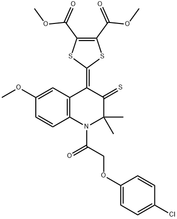 dimethyl 2-(1-[(4-chlorophenoxy)acetyl]-6-methoxy-2,2-dimethyl-3-thioxo-2,3-dihydro-4(1H)-quinolinylidene)-1,3-dithiole-4,5-dicarboxylate Struktur