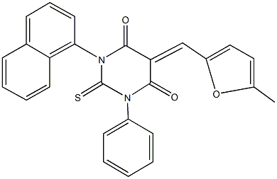 5-[(5-methyl-2-furyl)methylene]-1-(1-naphthyl)-3-phenyl-2-thioxodihydro-4,6(1H,5H)-pyrimidinedione Struktur