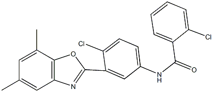 2-chloro-N-[4-chloro-3-(5,7-dimethyl-1,3-benzoxazol-2-yl)phenyl]benzamide Struktur