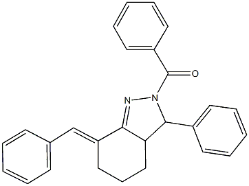 2-benzoyl-7-benzylidene-3-phenyl-3,3a,4,5,6,7-hexahydro-2H-indazole Struktur