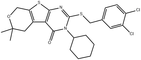 3-cyclohexyl-2-[(3,4-dichlorobenzyl)sulfanyl]-6,6-dimethyl-3,5,6,8-tetrahydro-4H-pyrano[4',3':4,5]thieno[2,3-d]pyrimidin-4-one Struktur