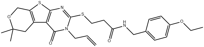 3-[(3-allyl-6,6-dimethyl-4-oxo-3,5,6,8-tetrahydro-4H-pyrano[4',3':4,5]thieno[2,3-d]pyrimidin-2-yl)sulfanyl]-N-(4-ethoxybenzyl)propanamide Struktur