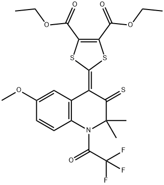 diethyl 2-(6-methoxy-2,2-dimethyl-3-thioxo-1-(trifluoroacetyl)-2,3-dihydro-4(1H)-quinolinylidene)-1,3-dithiole-4,5-dicarboxylate Struktur