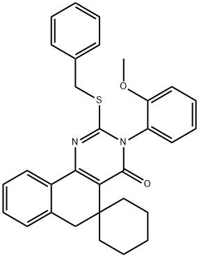 3-(2-methoxyphenyl)-2-(benzylsulfanyl)-4-oxo-3,4,5,6-tetrahydrospiro(benzo[h]quinazoline-5,1'-cyclohexane) Struktur