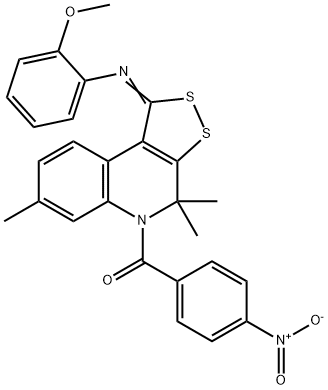 5-{4-nitrobenzoyl}-1-[(2-methoxyphenyl)imino]-4,4,7-trimethyl-4,5-dihydro-1H-[1,2]dithiolo[3,4-c]quinoline Struktur